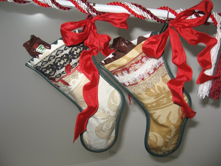 Christmas,candy bar,stockings,approx 8.5",upcycled,designer, fabric,swatches,trimmed,novelty,glasses case,gift card,candy bar, trinket