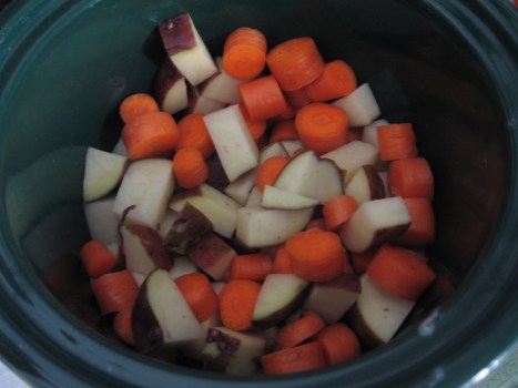 Carrots and Red Potatoes about even in quantityusing up 1/2 piece red onion