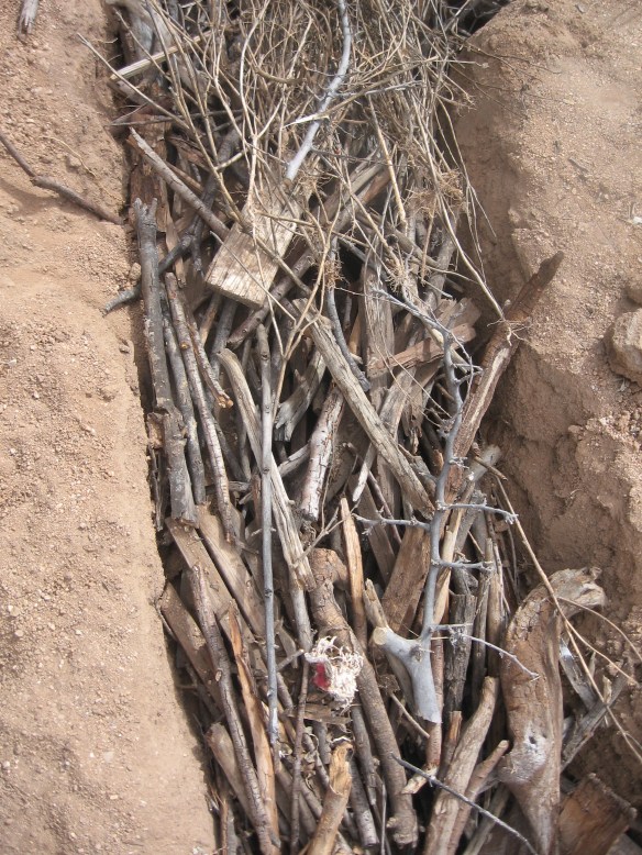 logs, sticks and twigs in the trench first