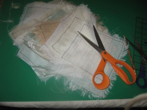 using the chipboard template to mark the swatches. Outline with marker first, then cut inside the line 